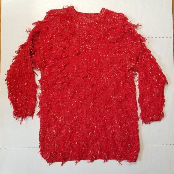 Vintage Carolina Colour Small‎ Red & Gold Tunic Sweater Fringe Knit Metallic - Picture 1 of 8